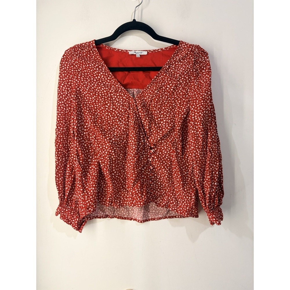 Madewell Red Floral Button Front Peplum Blouse Womens Small Long Sleeve‎